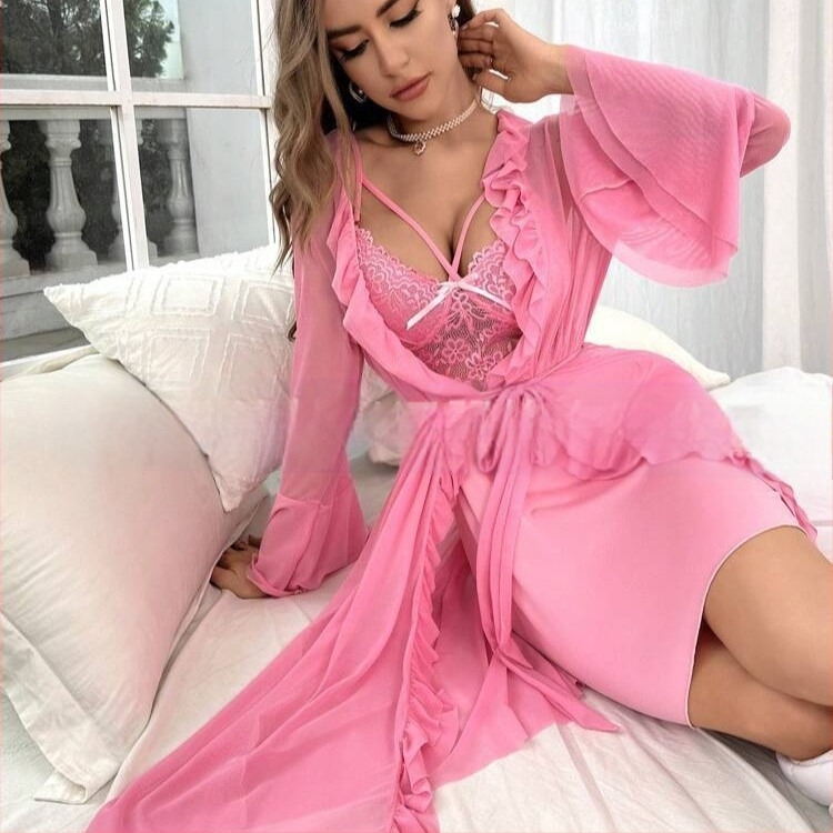 Lenjerie sexy transfrontalieră, lenjerie intimă sexy cu push-up și sâni mici, bretele din dantelă, cămașă de noapte din plasă, costum sexy, haine de casă