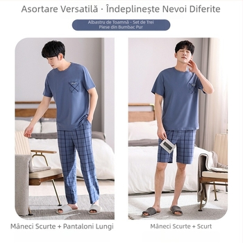 Pijamale pentru bărbați de vară din bumbac pur, cu mânecă scurtă, carouri subțiri, din bumbac, cu mânecă scurtă, set de trei piese din bumbac, de vară, de mărime mare, haine de casă, set