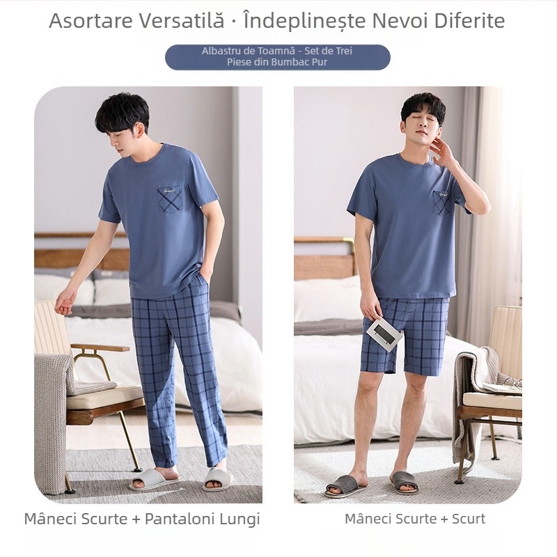 Pijamale pentru bărbați de vară din bumbac pur, cu mânecă scurtă, carouri subțiri, din bumbac, cu mânecă scurtă, set de trei piese din bumbac, de vară, de mărime mare, haine de casă, set