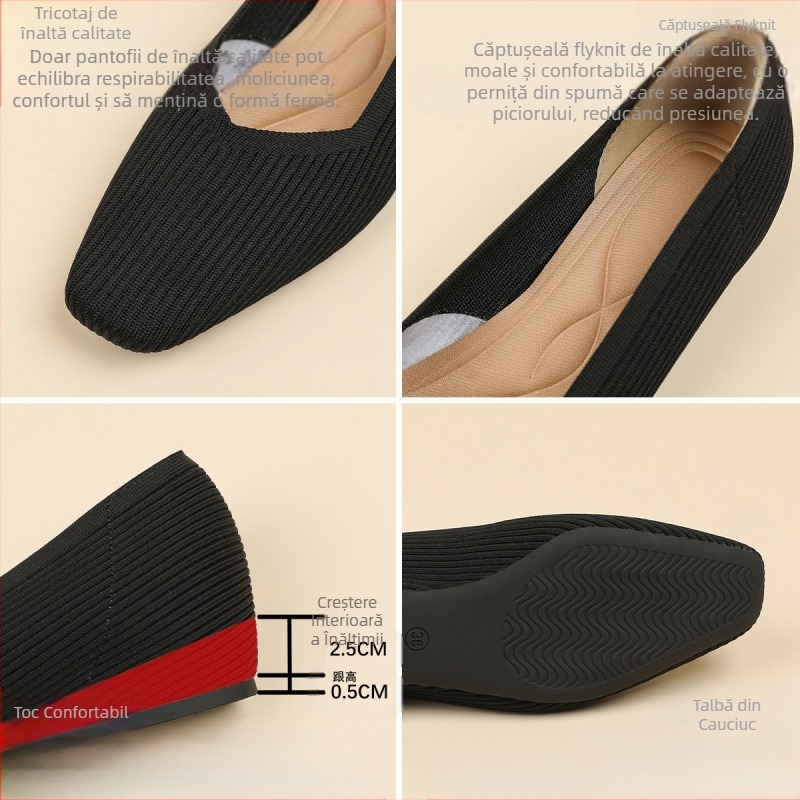 Pantofi simpli, tricotați cu cap pătrat, mărime interioară, cu gura în V mică, drepți, culoare solidă, casual, asortabili, pentru fete franceze, mărime plus