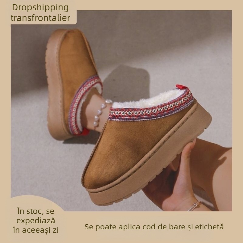 În stoc Cizme de zăpadă pentru femei, iarna, la modă nouă, dintr-o singură bucată, Baotou, papuci cu platformă, pantofi caldi din bumbac, talpă groasă pentru femei