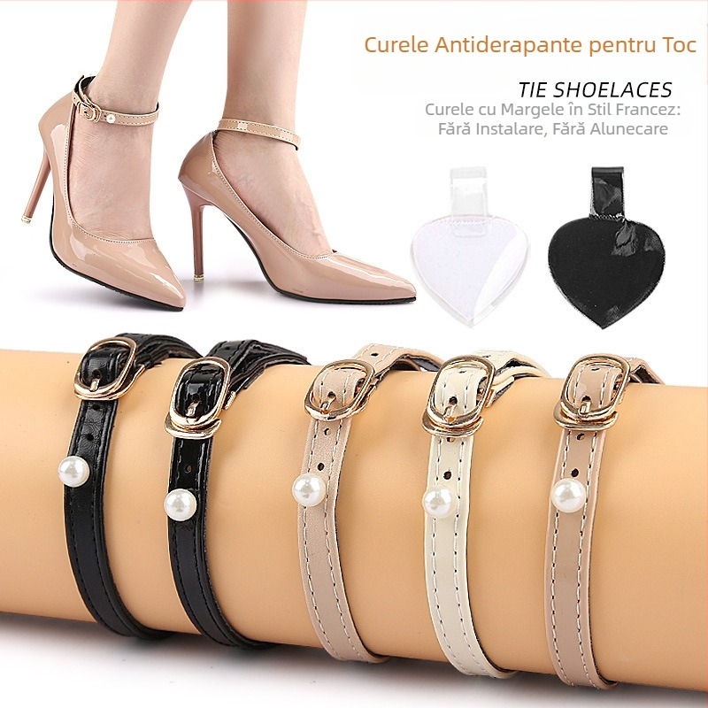 Sandale franceze simple cu perle și toc gros, vârful ascuțit, fără instalare, pantofi mari, cu șiret anti-cădere