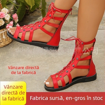 Sandale de vară cu fermoar spate, stil nou, cu nituri romane, sandale înalte, colanți, cizme de mărime mare pentru femei, export, vară, comerț exterior