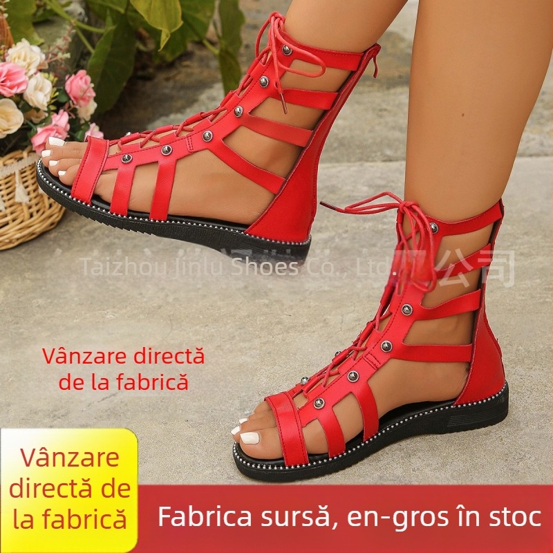 Sandale de vară cu fermoar spate, stil nou, cu nituri romane, sandale înalte, colanți, cizme de mărime mare pentru femei, export, vară, comerț exterior