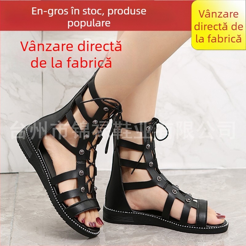 Sandale de vară cu fermoar spate, stil nou, cu nituri romane, sandale înalte, colanți, cizme de mărime mare pentru femei, export, vară, comerț exterior