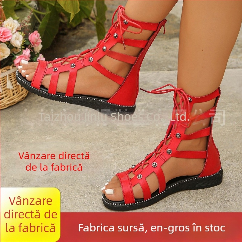 Sandale de vară cu fermoar spate, stil nou, cu nituri romane, sandale înalte, colanți, cizme de mărime mare pentru femei, export, vară, comerț exterior
