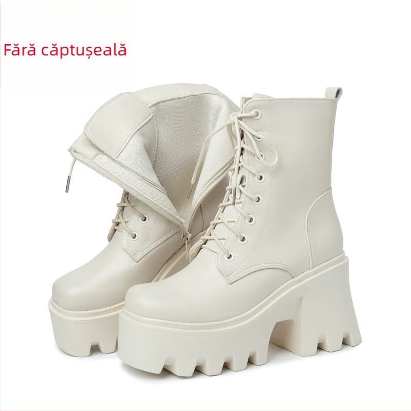 Pantofi sport pentru femei cu talpă groasă și toc ultra-înalt, cu bumbac, cizme Martin pentru creșterea înălțimii, cizme pentru femei din piele naturală, cu fund tip muffin, din lână, cu șireturi, cu bumbac, cizme cu un singur strat, cu tub de țigară