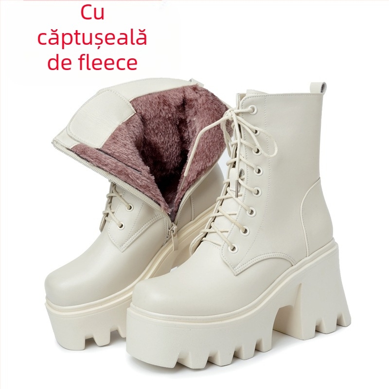 Pantofi sport pentru femei cu talpă groasă și toc ultra-înalt, cu bumbac, cizme Martin pentru creșterea înălțimii, cizme pentru femei din piele naturală, cu fund tip muffin, din lână, cu șireturi, cu bumbac, cizme cu un singur strat, cu tub de țigară