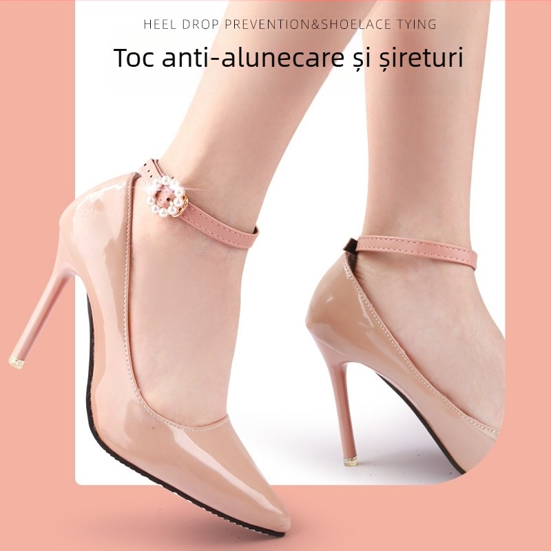 Pantofi cu toc înalt, dantelă, cataramă rotundă cu perle, toc anti-cădere în jurul gleznei, bareta anti-cădere cu dantelă cu perle