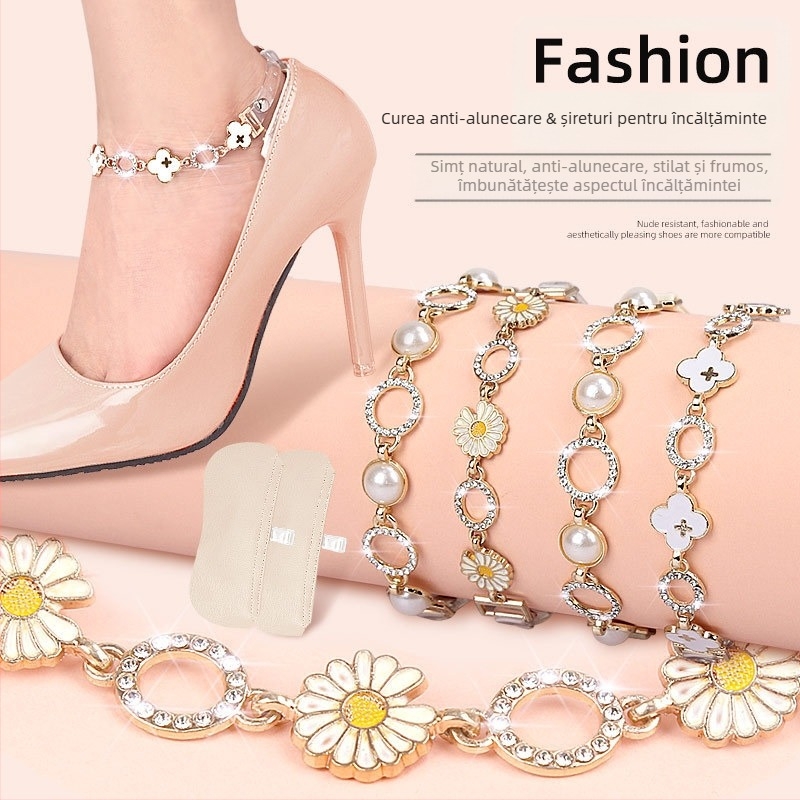 Cizme cu toc înalt cu model trifoi cu patru foi, model daisy, cu șireturi reglabile și fără instalare, curea de fixare invizibilă pentru a preveni călcâiul