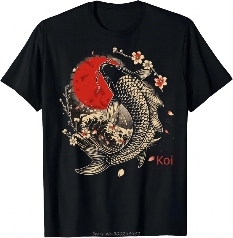 Tricou cu flori de cireș, crap koi, pește, sakura japoneză, artă grafică