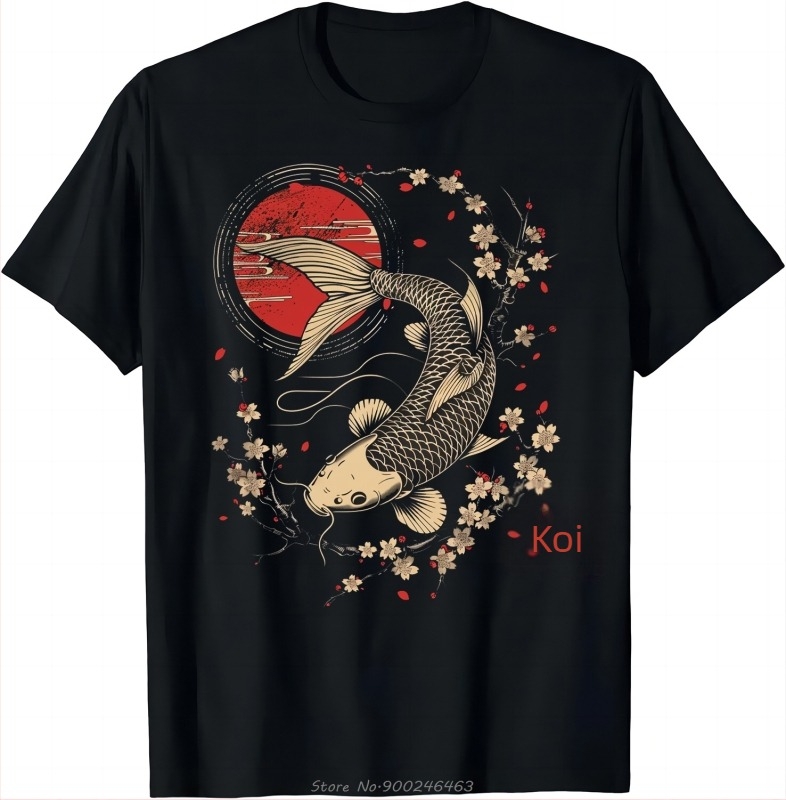 Tricou cu flori de cireș, crap koi, pește, sakura japoneză, artă grafică