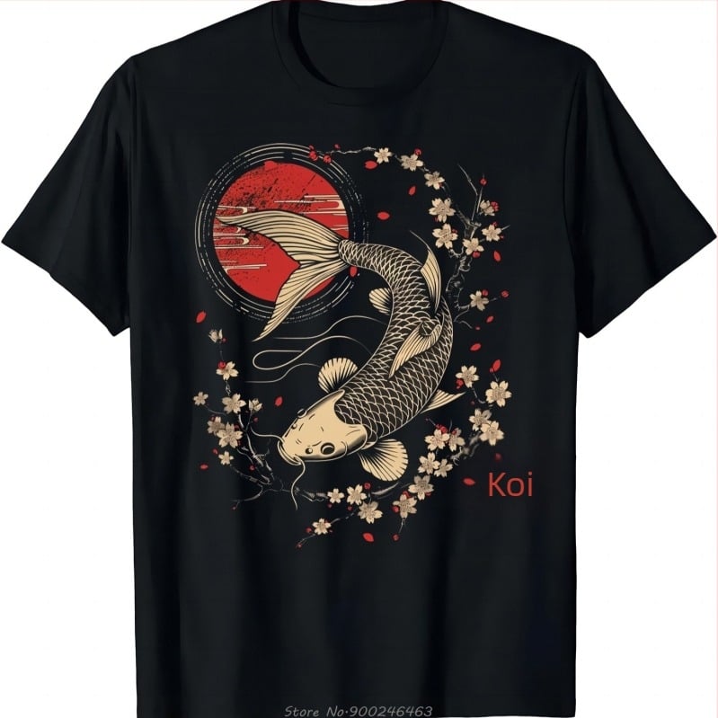 Tricou cu flori de cireș, crap koi, pește, sakura japoneză, artă grafică