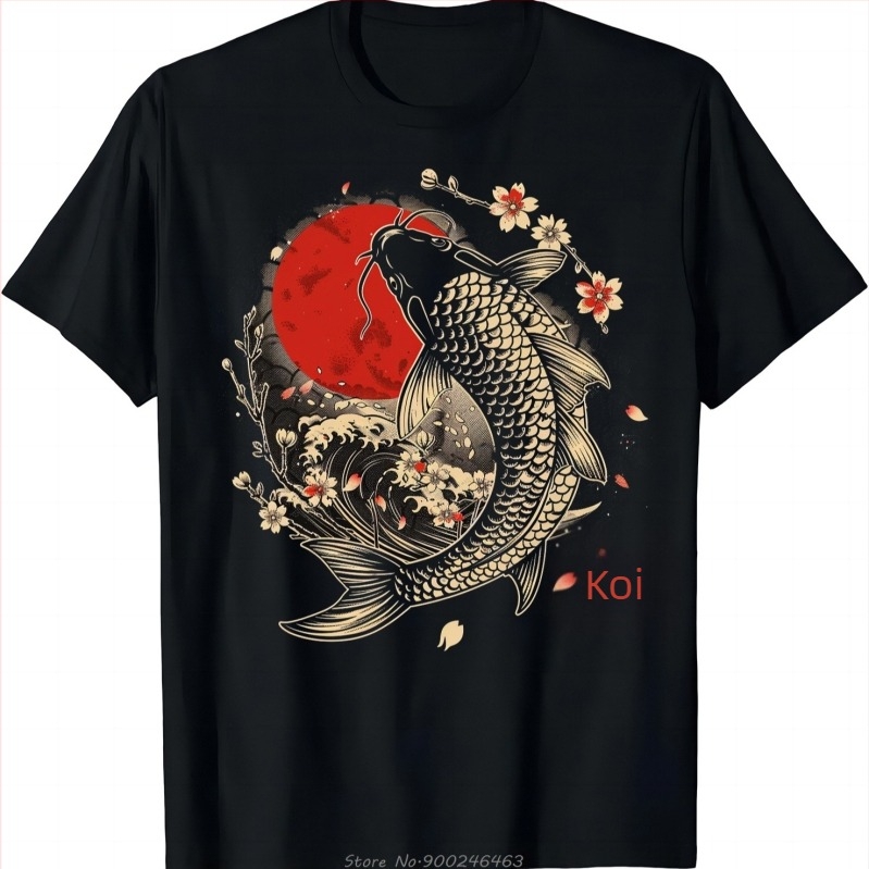 Tricou cu flori de cireș, crap koi, pește, sakura japoneză, artă grafică