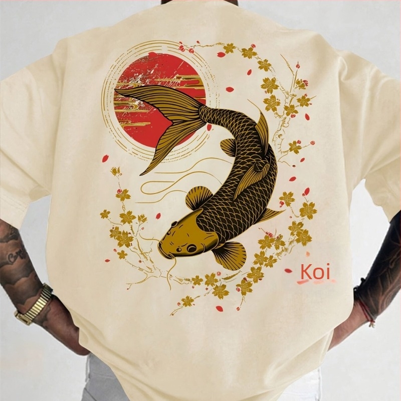 Tricou cu flori de cireș, crap koi, pește, sakura japoneză, artă grafică
