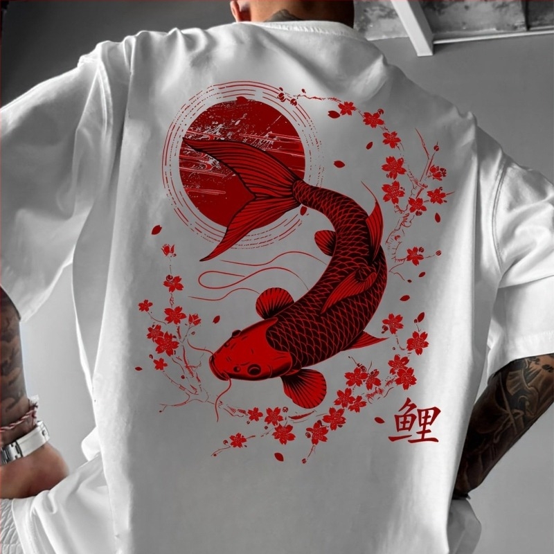 Tricou cu flori de cireș, crap koi, pește, sakura japoneză, artă grafică