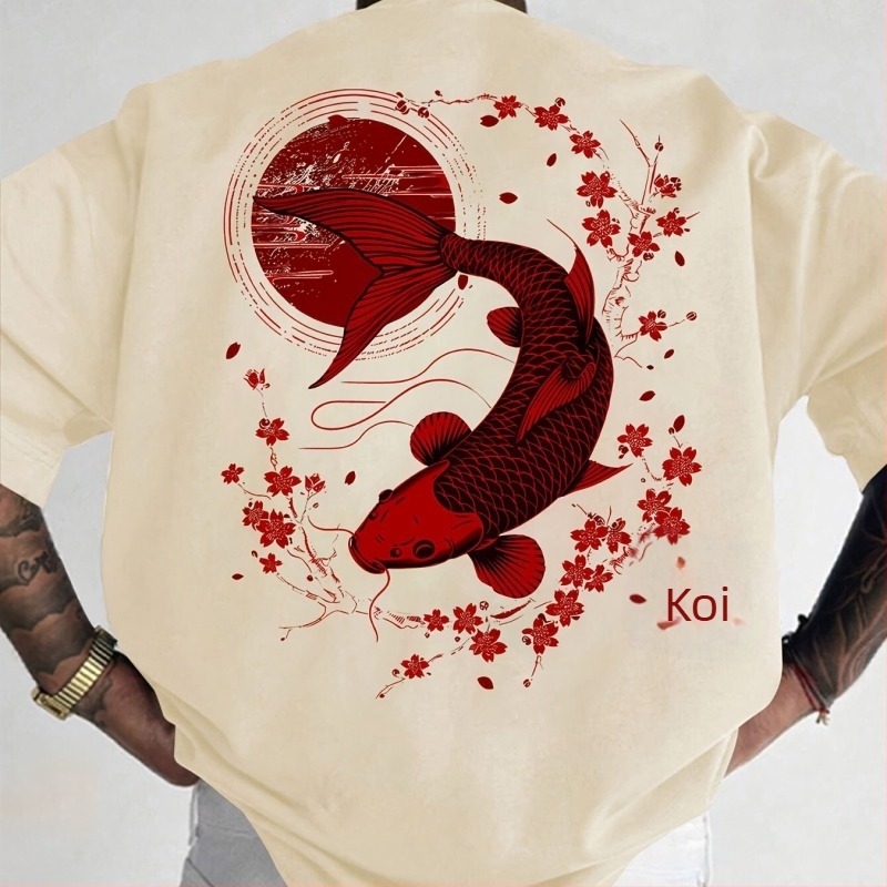 Tricou cu flori de cireș, crap koi, pește, sakura japoneză, artă grafică
