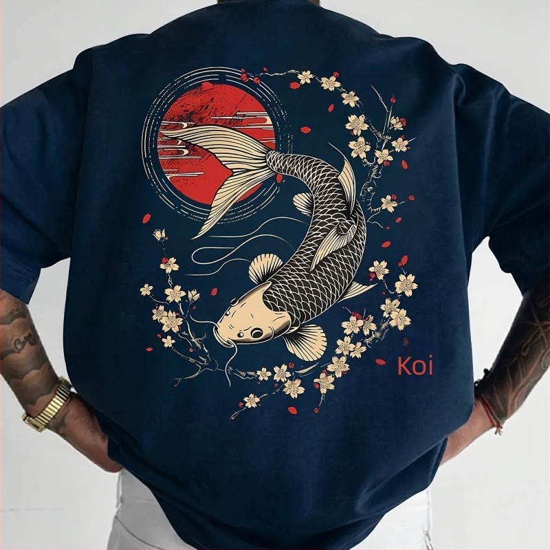 Tricou cu flori de cireș, crap koi, pește, sakura japoneză, artă grafică