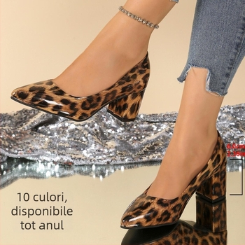 Tocuri înalte de dimensiuni mari europene și americane pentru femei, clasice, cu vârful ascuțit, cu toc gros, plate, sexy, cu imprimeu leopard, din piele lăcuită, pantofi de petrecere pentru banchet