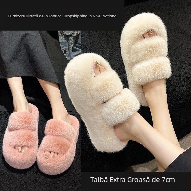 Papuci de pluș cu talpă groasă de 7 cm pentru femei, toamna și iarna 2023, papuci de pluș mici cu două rânduri, în stil coreean, noi