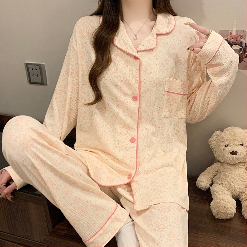 Set pijama cu cardigan și inimă, țesătură crinkle, top cu mânecă lungă și guler rever, lejer pentru primăvară