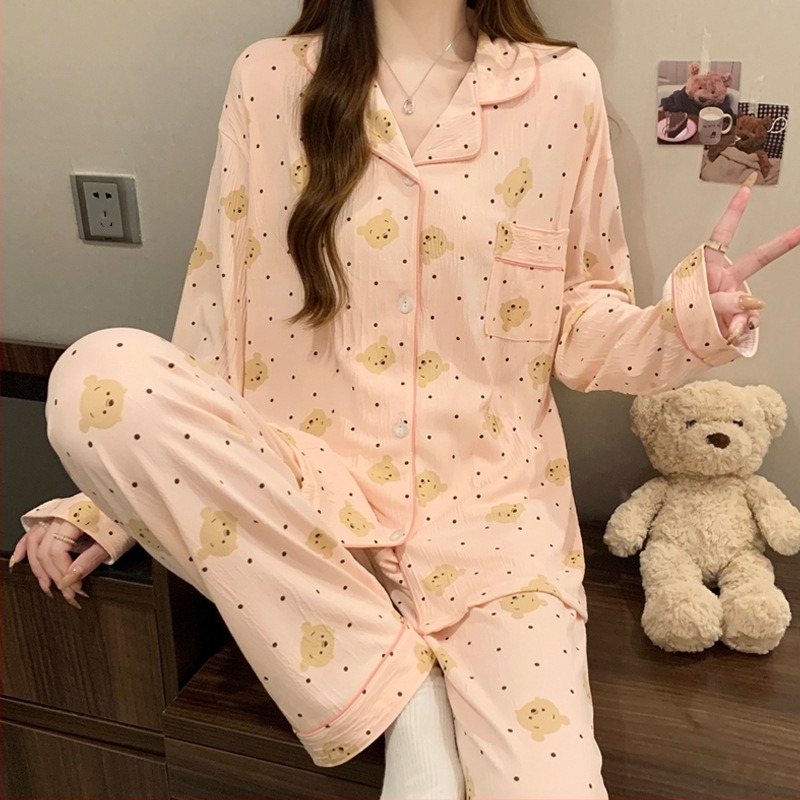 Set pijama cu cardigan și inimă, țesătură crinkle, top cu mânecă lungă și guler rever, lejer pentru primăvară