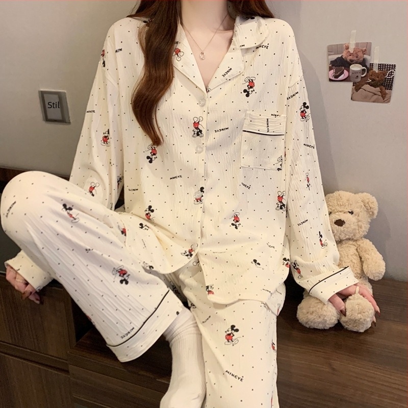 Set pijama cu cardigan și inimă, țesătură crinkle, top cu mânecă lungă și guler rever, lejer pentru primăvară