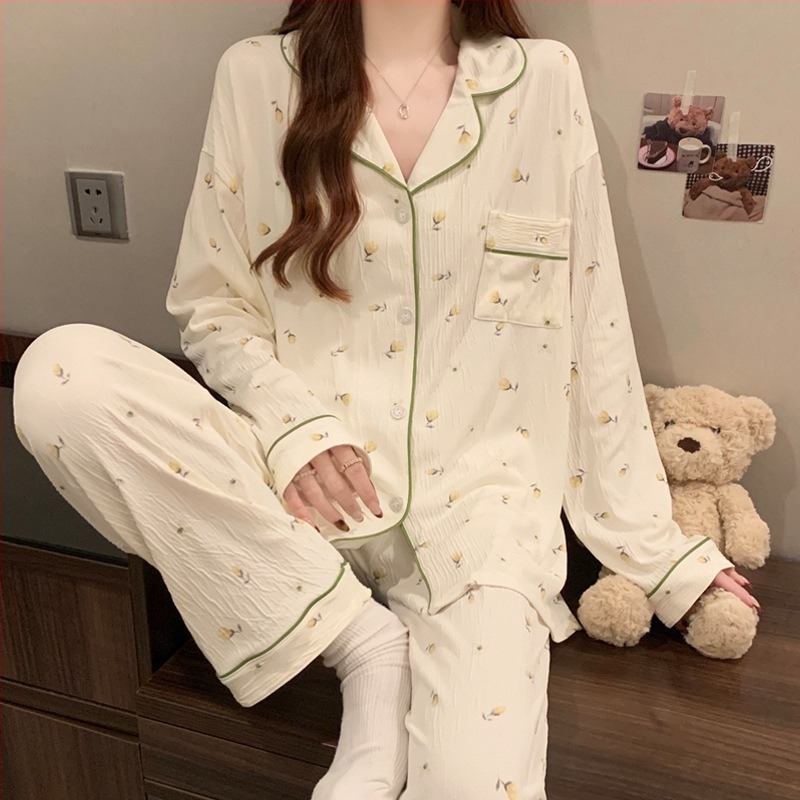 Set pijama cu cardigan și inimă, țesătură crinkle, top cu mânecă lungă și guler rever, lejer pentru primăvară