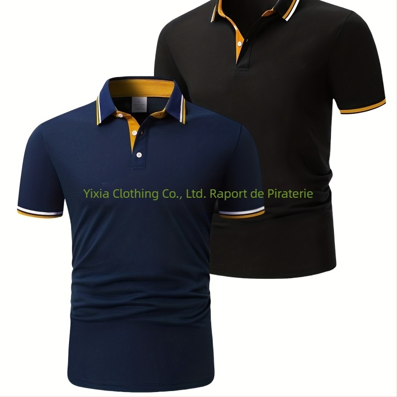 Set de cămăși bărbătești cu mânecă scurtă și guler contrastant - Poliester ușor, albastru pal și roz