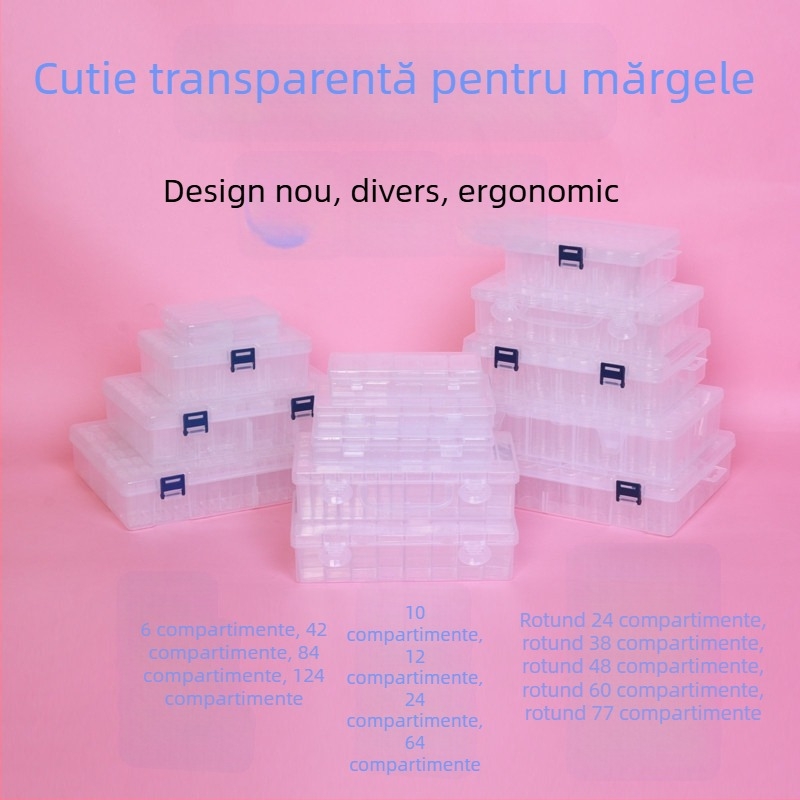 Cutie de depozitare pentru bijuterii cu pictură diamantată cu 64 de grile, cutie pentru unghii cu mărgele de orez din sticlă, cutie pentru accesorii DIY, cutie de plastic