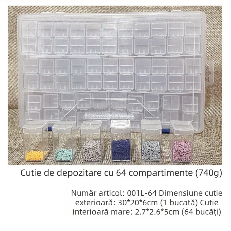 Cutie de depozitare pentru bijuterii cu pictură diamantată cu 64 de grile, cutie pentru unghii cu mărgele de orez din sticlă, cutie pentru accesorii DIY, cutie de plastic