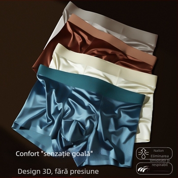 Lenjerie intimă populară de lux din satin de mătase glacială pentru bărbați, cusătură interioară antibacteriană din mătase Mulberry, producător de boxeri bărbătești Naked-Feel