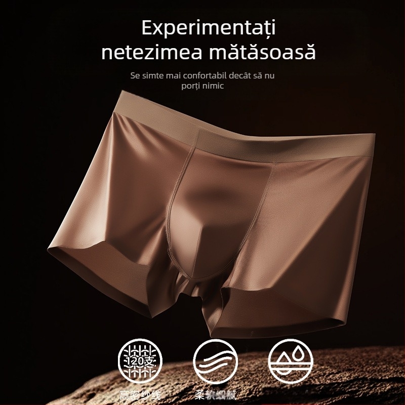 Lenjerie intimă populară de lux din satin de mătase glacială pentru bărbați, cusătură interioară antibacteriană din mătase Mulberry, producător de boxeri bărbătești Naked-Feel