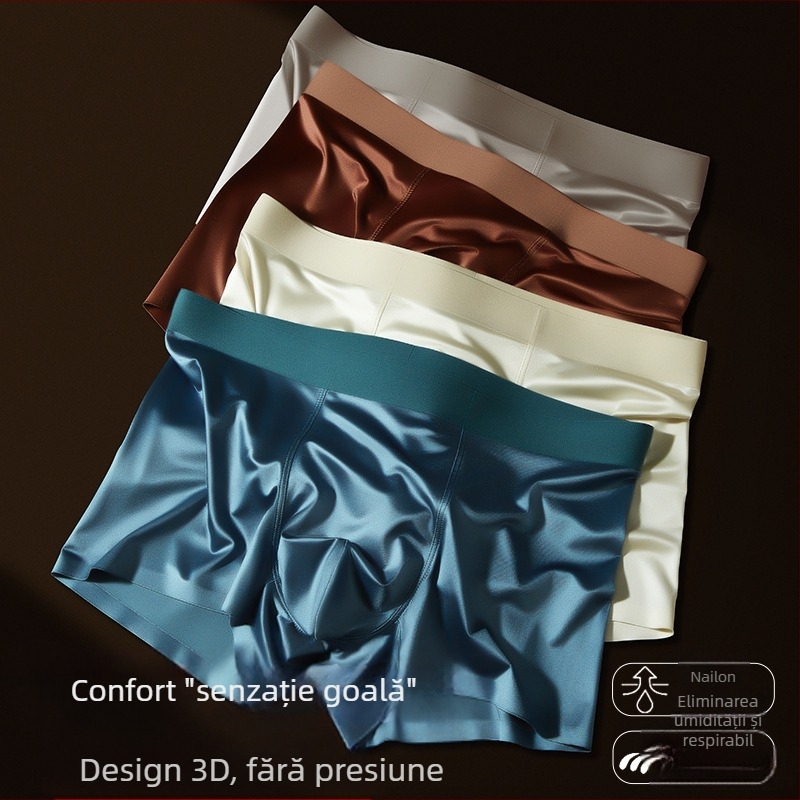 Lenjerie intimă populară de lux din satin de mătase glacială pentru bărbați, cusătură interioară antibacteriană din mătase Mulberry, producător de boxeri bărbătești Naked-Feel