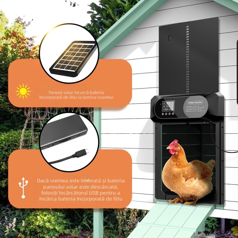Ușă de coteț de pui complet automată, transfrontalieră, cu sistem solar, inteligent anti-ciupire, pentru animale de companie, cu temporizator sensibil la lumină