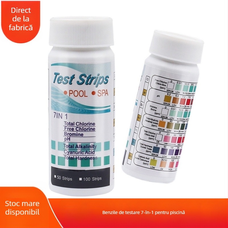 Vânzări directe din fabrică 7-în-1 hârtie de testare pentru piscină Hârtie de testare a pH-ului Hârtie de testare a calității apei Hârtie de testare a clorului rezidual pH-ului Calitatea apei Bandă de testare