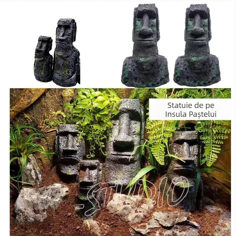Statuie din piatră cu chip uman, Insula Paștelui, statuie din piatră de rășină, peisaj pentru acvariu, cutie pe șenile, decor, statuie de acvariu, decor, peisaj