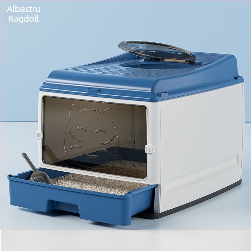 Sertar supradimensionat complet închis pentru așternut pentru pisici, ușă dublă, modernizat pentru toaletă pentru pisici, spațiu supradimensionat, fără griji, rezistent la miros, prevenirea scurgerilor laterale