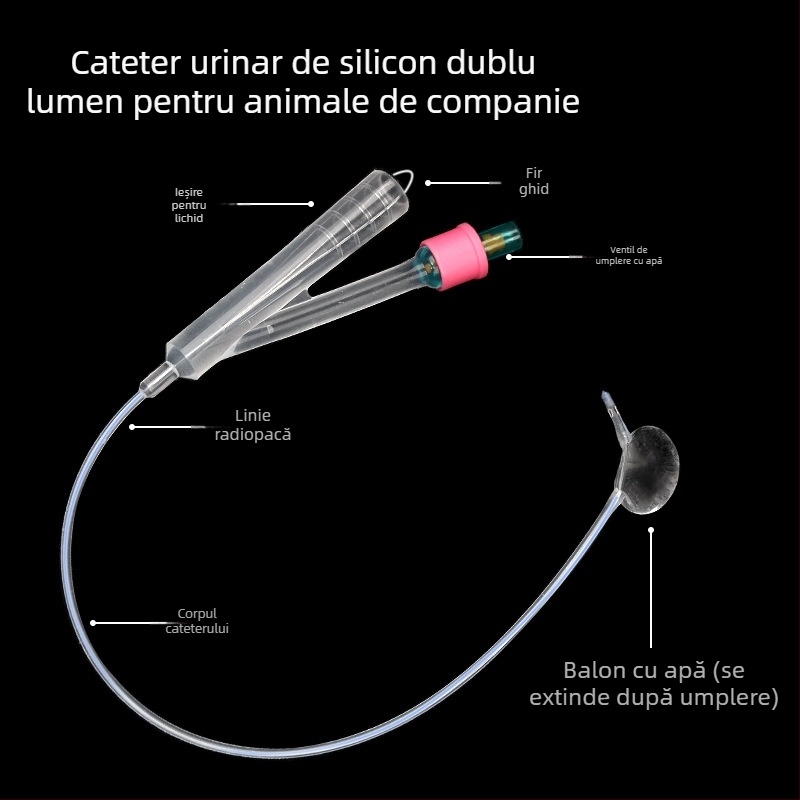 Cateter de unică folosință pentru animale de companie, cateter din silicon cu lumen dublu pentru câini, cu sac cu bilă umbrită, sac de drenaj pentru urinarea câinilor