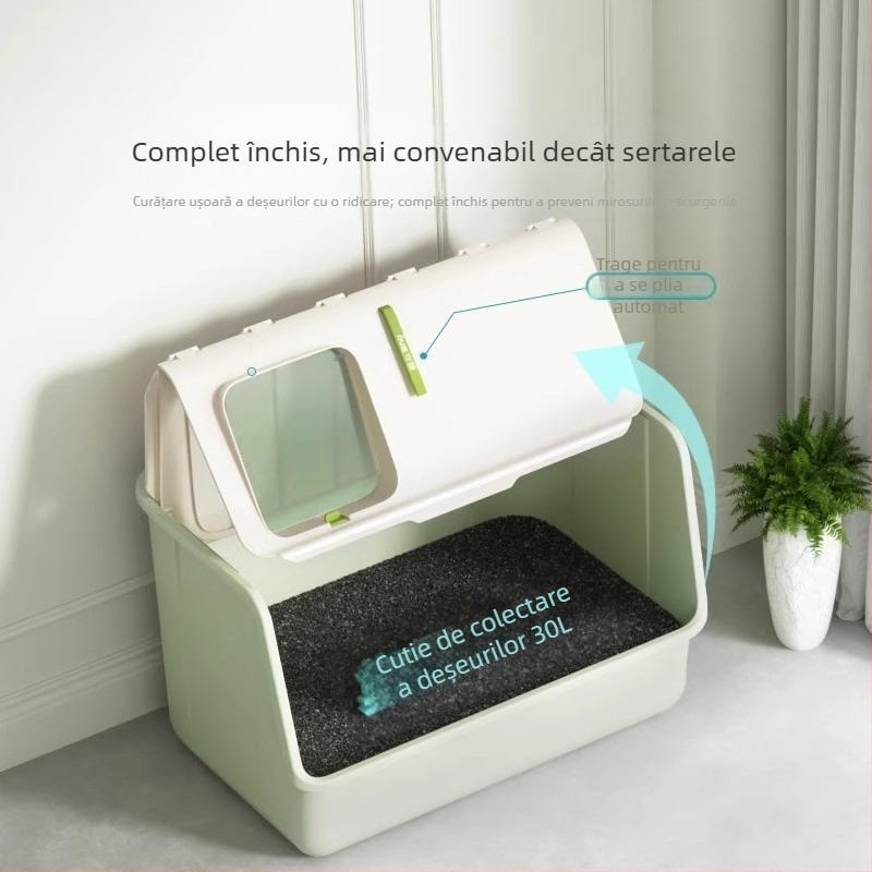 Toaletă pentru pisici Shouai extra mare, complet închisă, pentru pisici, care intră și iese din bazinul deschis pentru pisici Puppet Cat, anti-așternut