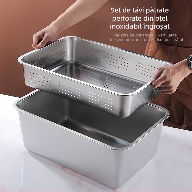 Tavă pătrată cu fund plat din oțel inoxidabil, tavă dreptunghiulară comercială, adâncire, perforare, bazin pătrat, bazin de scurgere, costum, bazin pentru legume prăjite