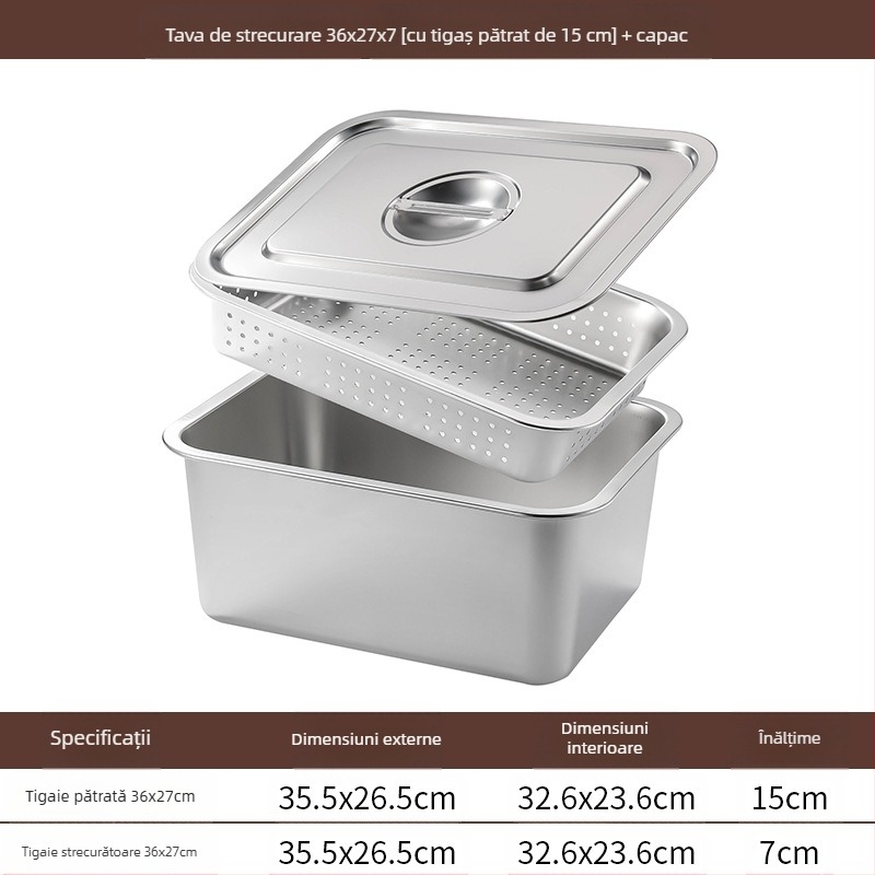 Tavă pătrată cu fund plat din oțel inoxidabil, tavă dreptunghiulară comercială, adâncire, perforare, bazin pătrat, bazin de scurgere, costum, bazin pentru legume prăjite