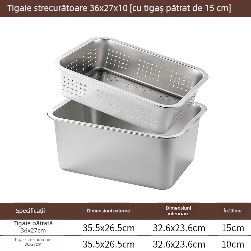 Tavă pătrată cu fund plat din oțel inoxidabil, tavă dreptunghiulară comercială, adâncire, perforare, bazin pătrat, bazin de scurgere, costum, bazin pentru legume prăjite