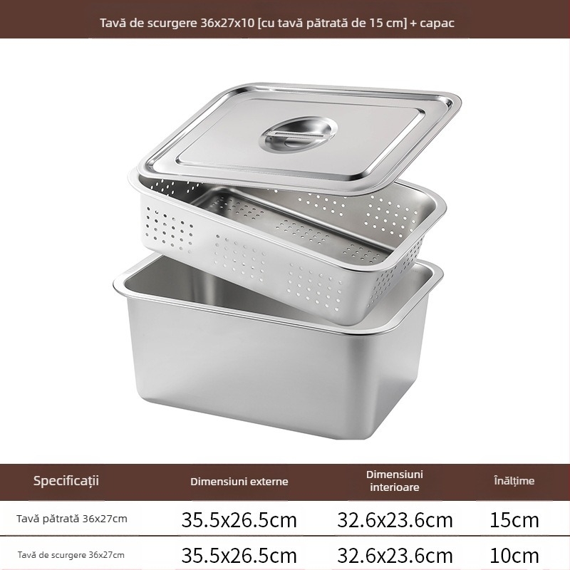 Tavă pătrată cu fund plat din oțel inoxidabil, tavă dreptunghiulară comercială, adâncire, perforare, bazin pătrat, bazin de scurgere, costum, bazin pentru legume prăjite