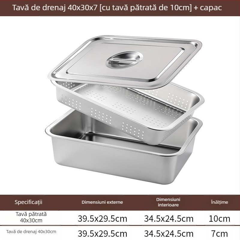 Tavă pătrată cu fund plat din oțel inoxidabil, tavă dreptunghiulară comercială, adâncire, perforare, bazin pătrat, bazin de scurgere, costum, bazin pentru legume prăjite