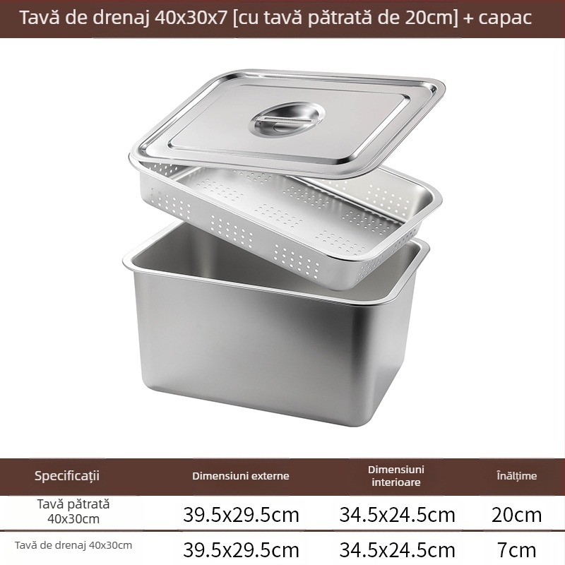 Tavă pătrată cu fund plat din oțel inoxidabil, tavă dreptunghiulară comercială, adâncire, perforare, bazin pătrat, bazin de scurgere, costum, bazin pentru legume prăjite