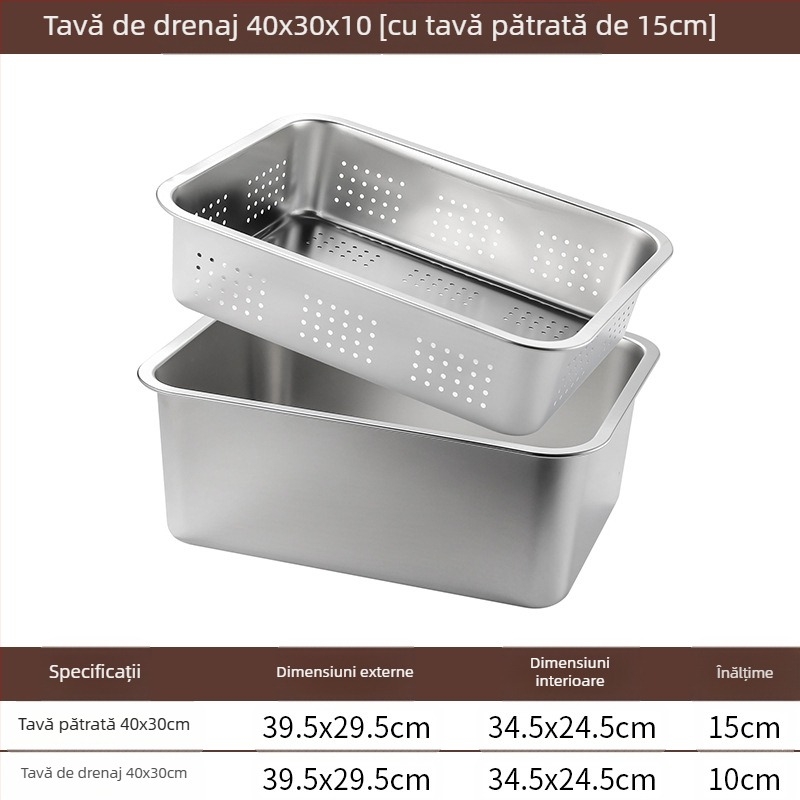 Tavă pătrată cu fund plat din oțel inoxidabil, tavă dreptunghiulară comercială, adâncire, perforare, bazin pătrat, bazin de scurgere, costum, bazin pentru legume prăjite