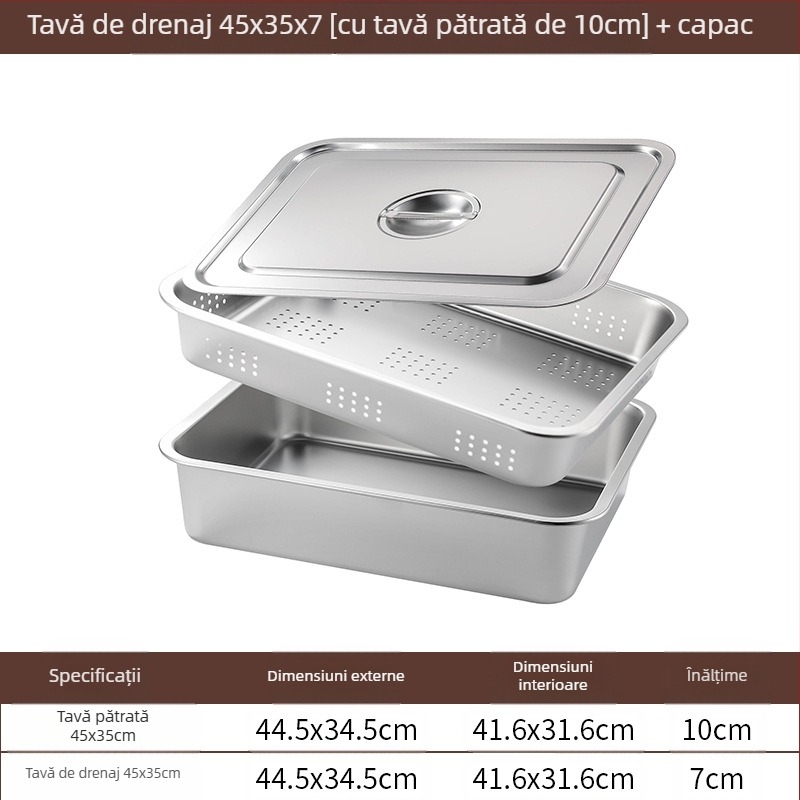 Tavă pătrată cu fund plat din oțel inoxidabil, tavă dreptunghiulară comercială, adâncire, perforare, bazin pătrat, bazin de scurgere, costum, bazin pentru legume prăjite