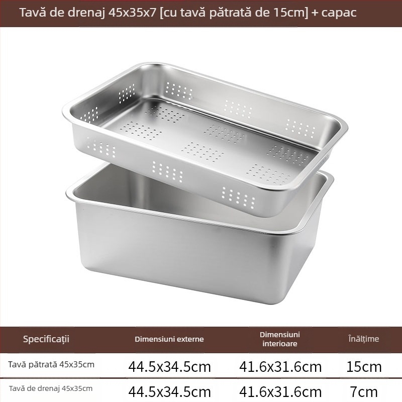 Tavă pătrată cu fund plat din oțel inoxidabil, tavă dreptunghiulară comercială, adâncire, perforare, bazin pătrat, bazin de scurgere, costum, bazin pentru legume prăjite