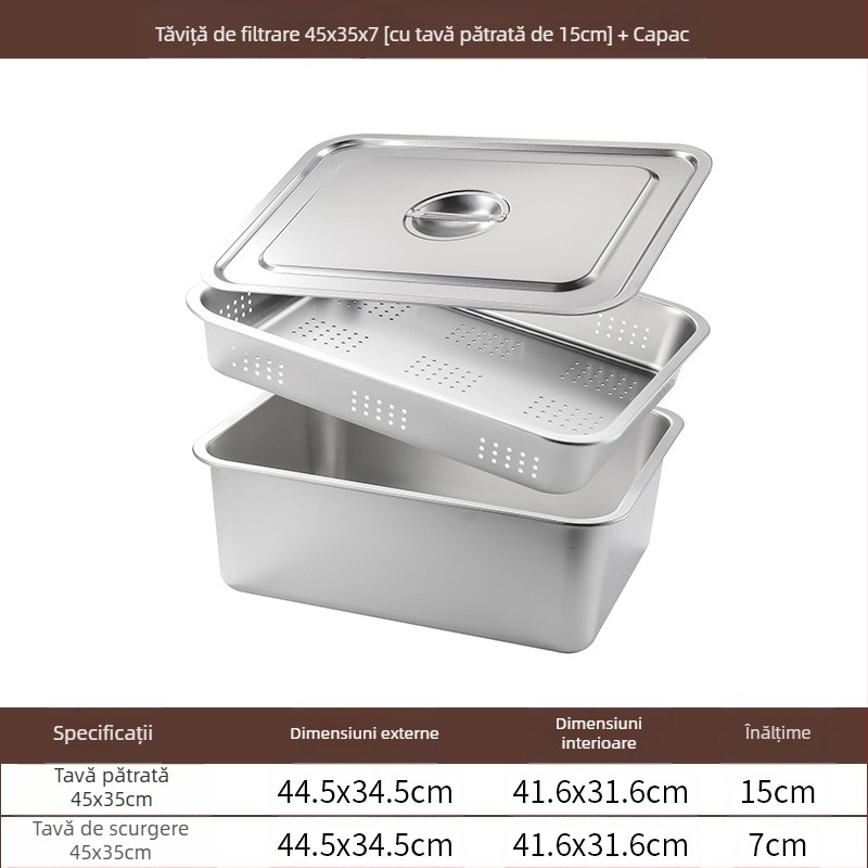 Tavă pătrată cu fund plat din oțel inoxidabil, tavă dreptunghiulară comercială, adâncire, perforare, bazin pătrat, bazin de scurgere, costum, bazin pentru legume prăjite